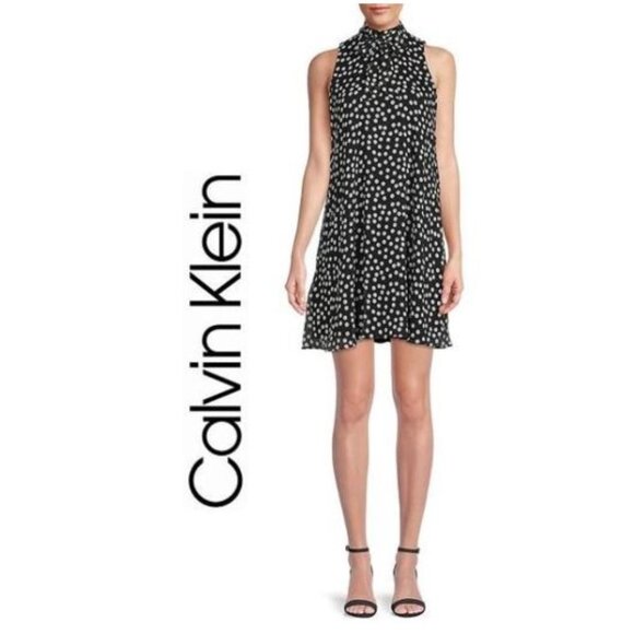 Calvin Klein Dresses & Skirts - CALVIN KLEIN, Sleeveless high neck polka dot dress with bow tie